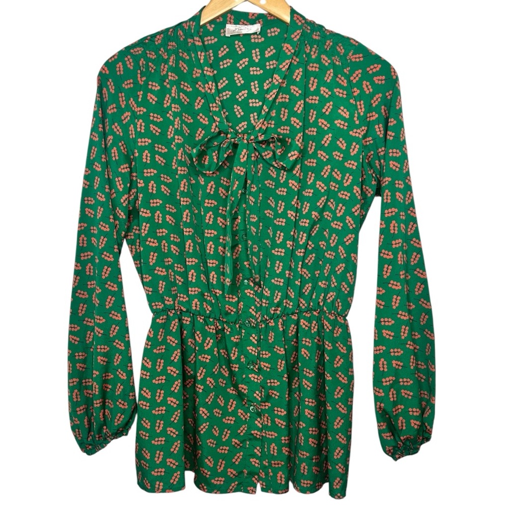 Vintage Berry Print Emerald Green Orange Brown Button Blouse with Bow Size M